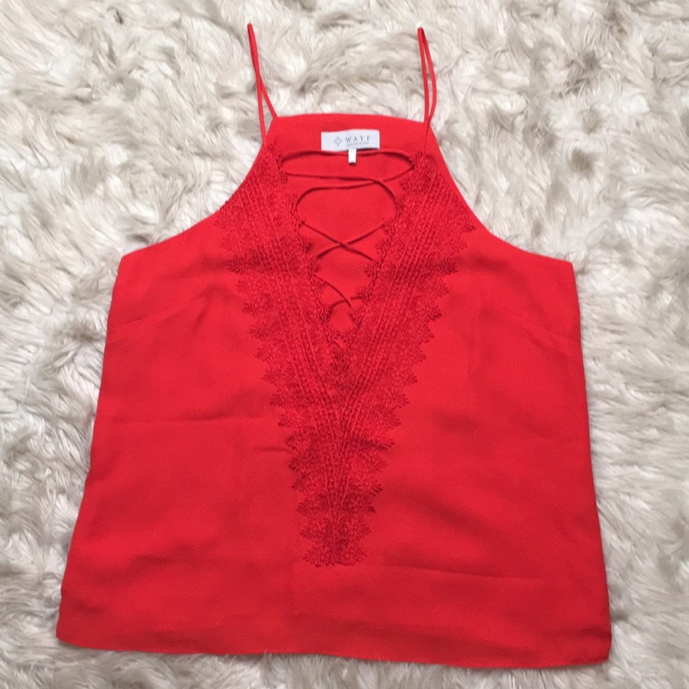 WAYF Red Lace Up Camisole Tank with Lace Detail
